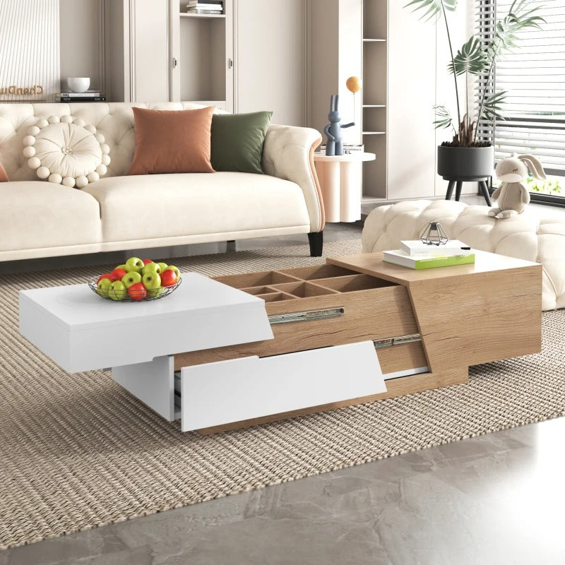 table basse salon blanche bois avec rangements modulaires