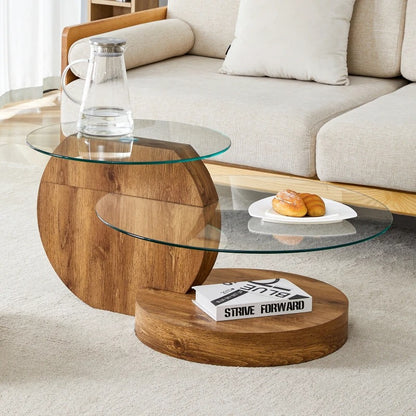 table basse salon bois avec plateaux verre
