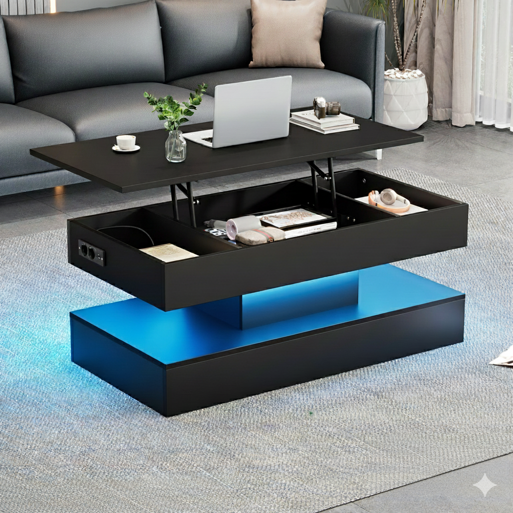 table basse salon moderne noire plateau relevable rangement bleu
