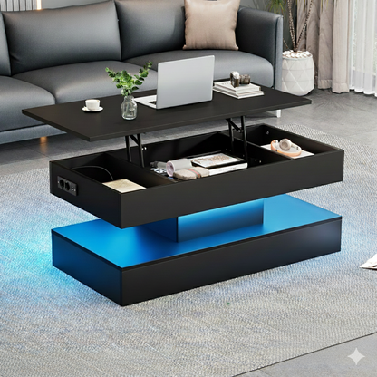 table basse salon moderne noire plateau relevable rangement bleu
