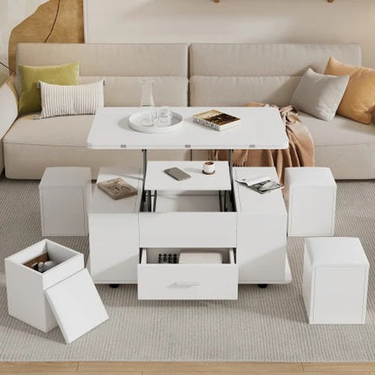 table basse salon modulaire blanche avec cubes tabourets rangement