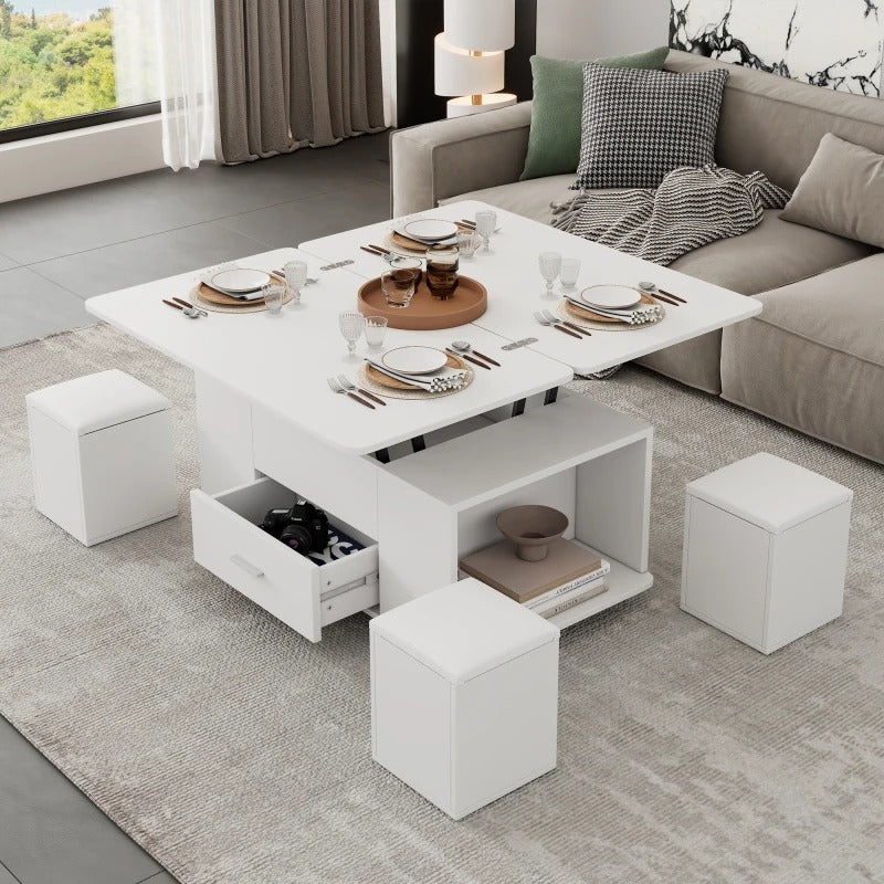 table basse salon modulaire blanche avec cubes tabourets