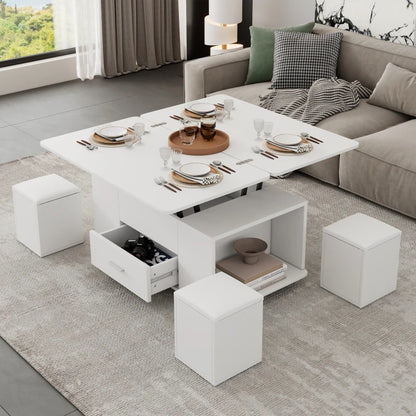 table basse salon modulaire blanche avec cubes tabourets