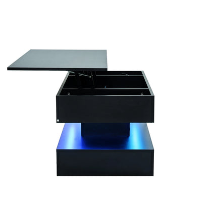 table basse salon noire a plateau relevable LED bleue