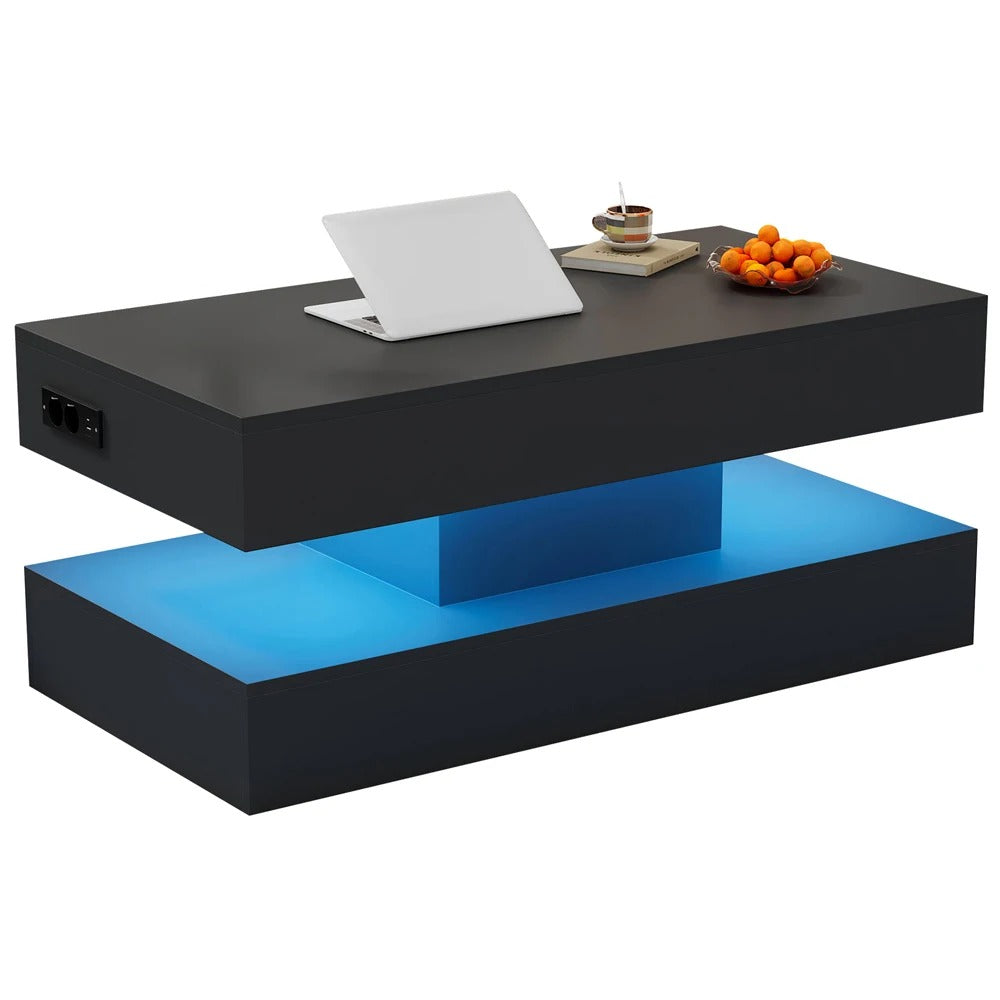 table basse salon noire plateaux superposes bleu lumineux