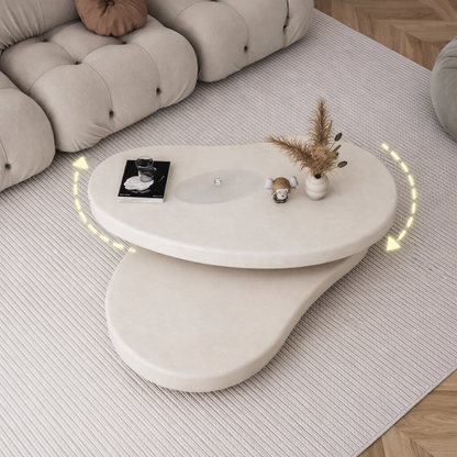 table basse salon ovale double plateaux blancs sur tapis clair plante tourne