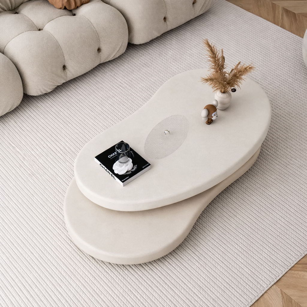 table basse salon ovale double plateaux blancs sur tapis clair