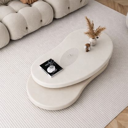 table basse salon ovale double plateaux blancs sur tapis clair