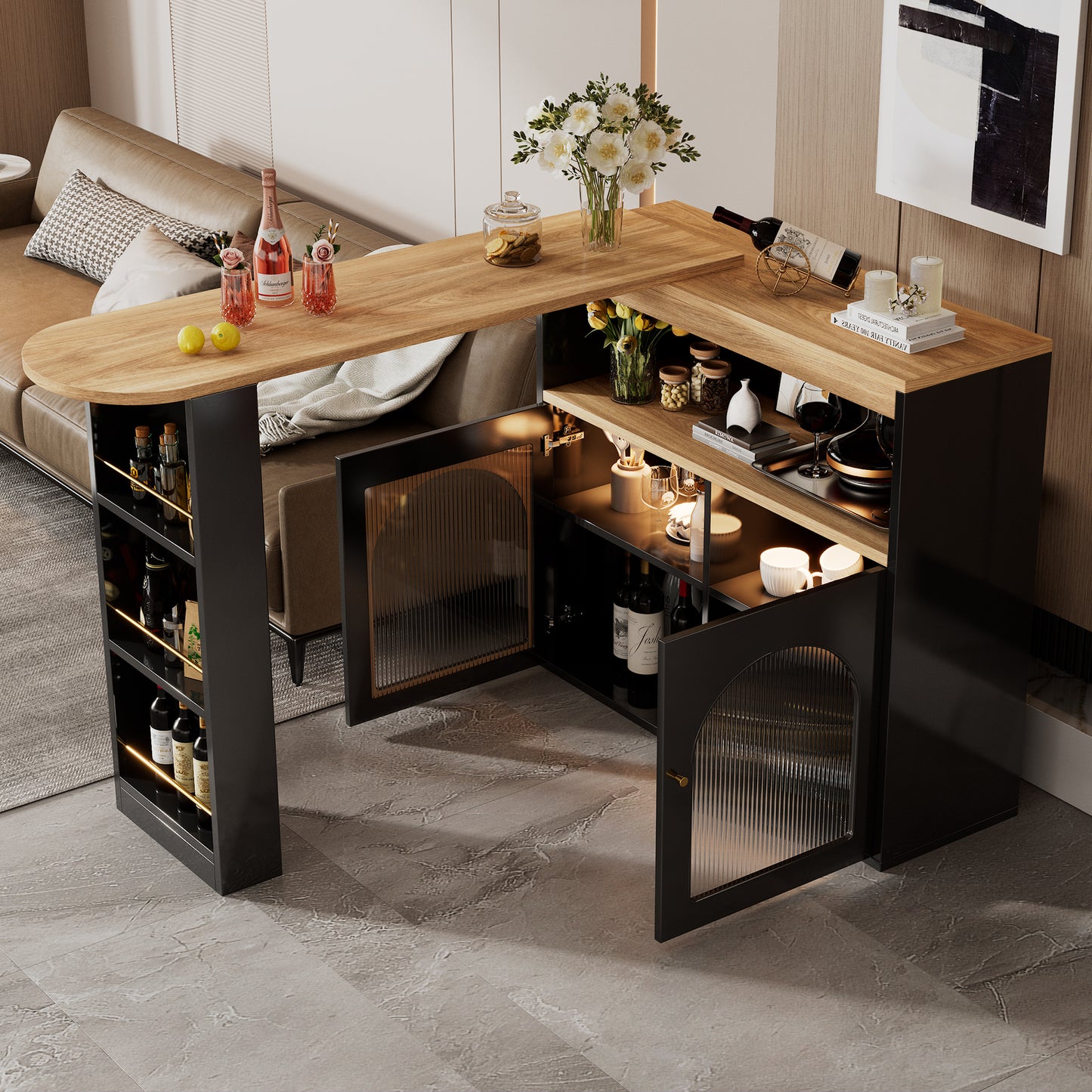 table de bar bois noir rangements ouverts