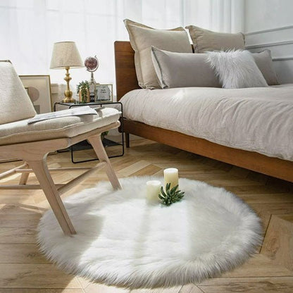 tapis descente de lit rond fourrure blanche chambre