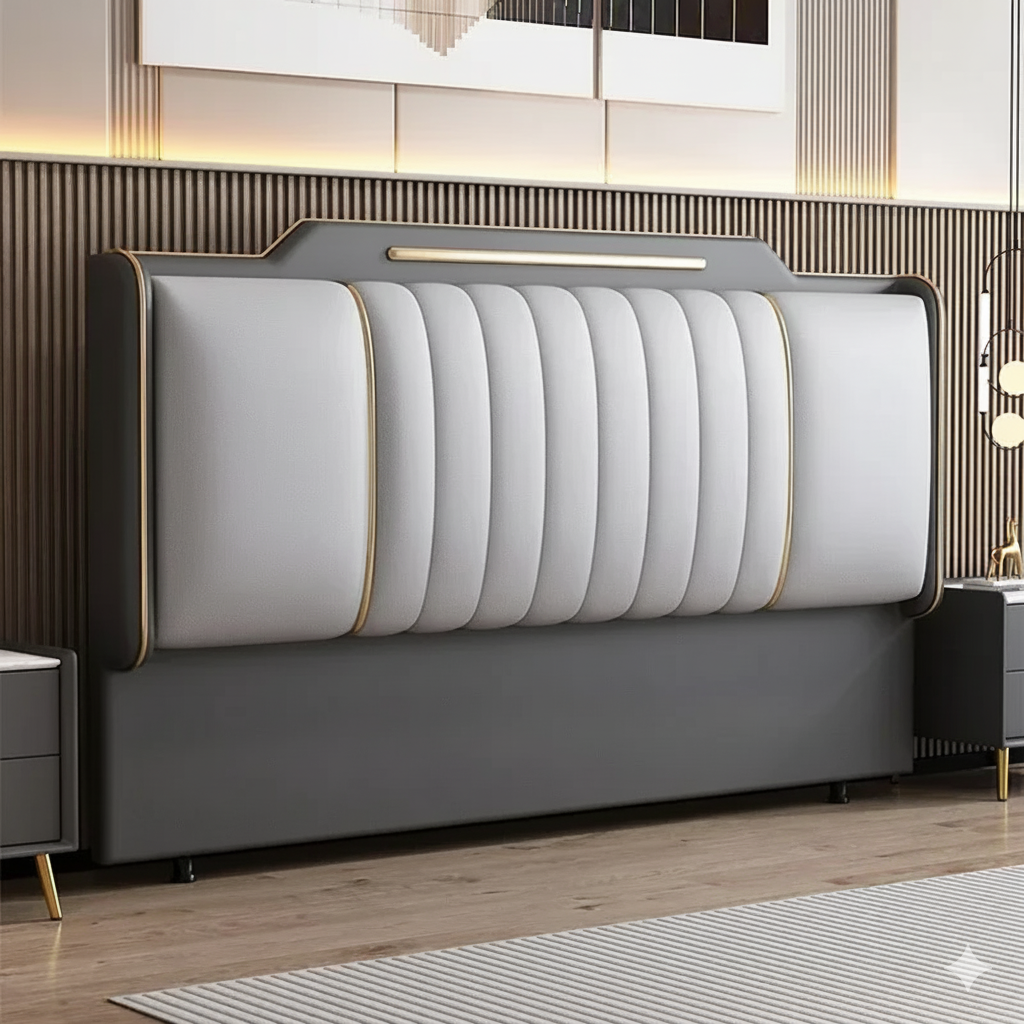 tete de lit bicolore gris blanc liseres dores led