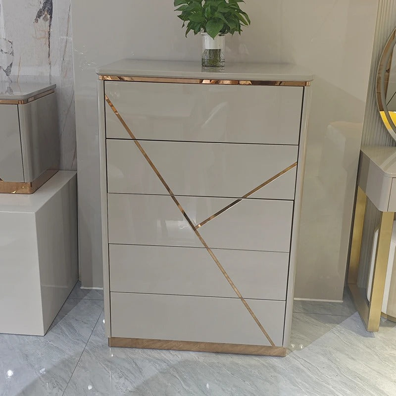 tete de lit commode grise liseres dores 6 tiroirs