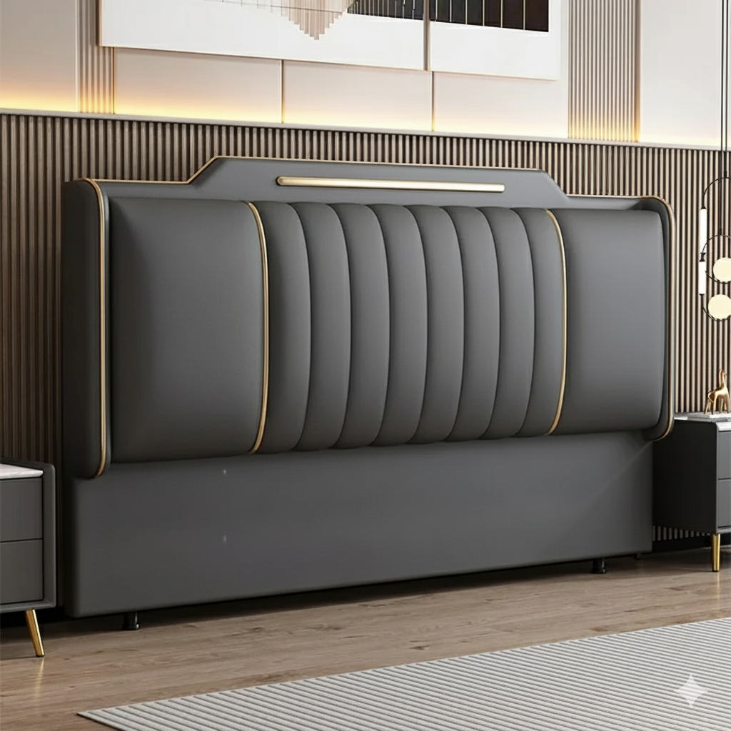 tete de lit gris or bandeau led luxueux