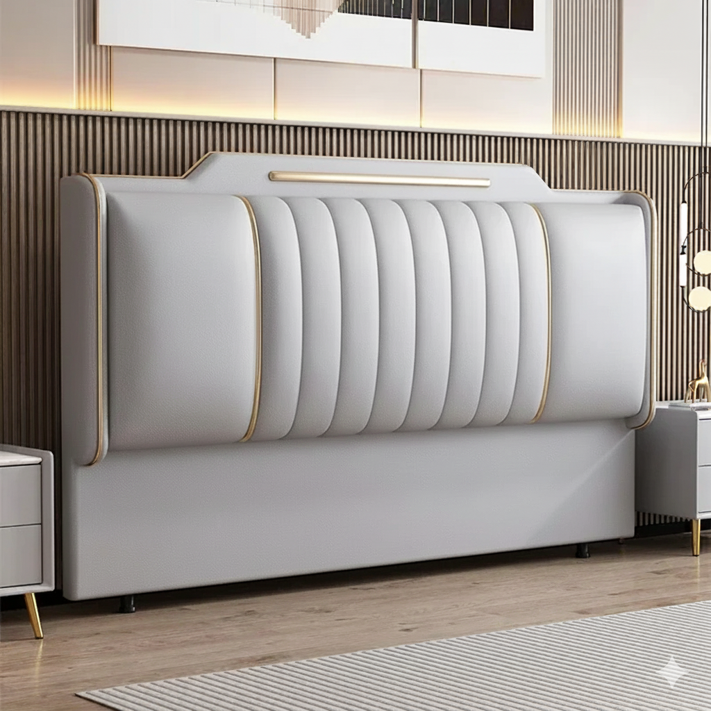 tete de lit grise capitonnee cadre dore bandeau led