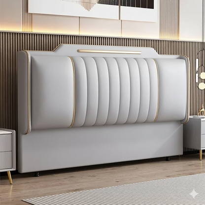 tete de lit grise capitonnee cadre dore bandeau led