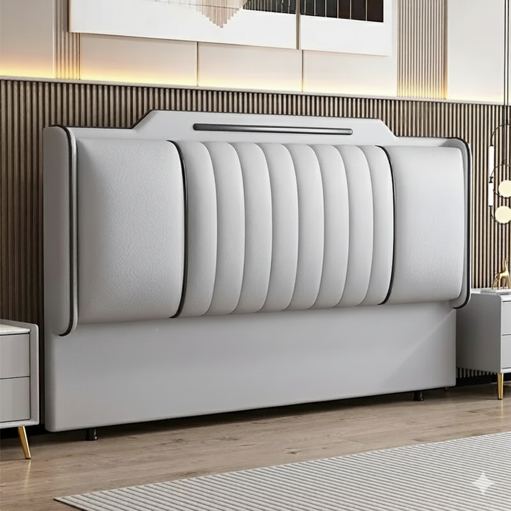 tete de lit grise claire capitonnee liseres contraste led